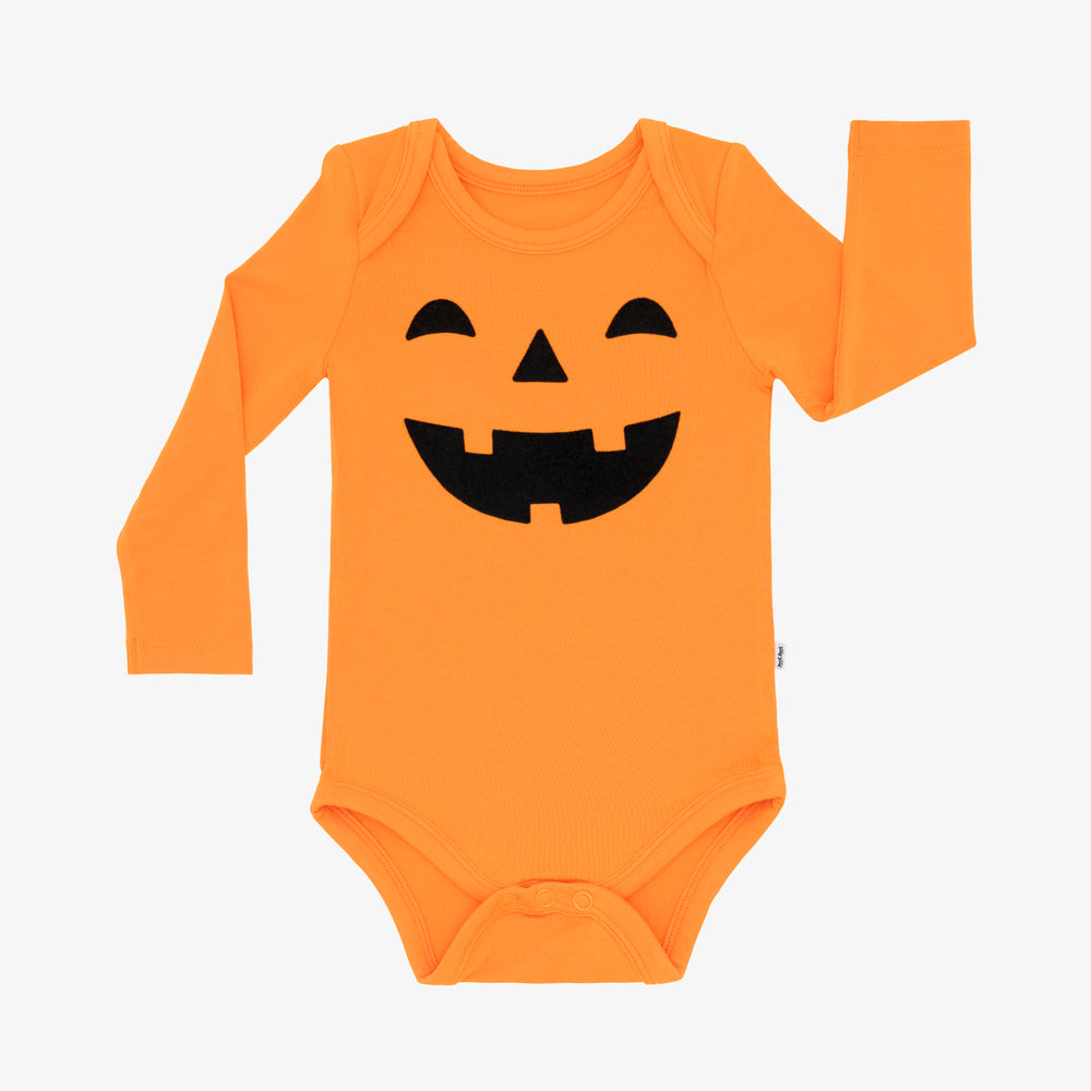 Flat lay image of the jack-o-lantern-graphic-bodysuit