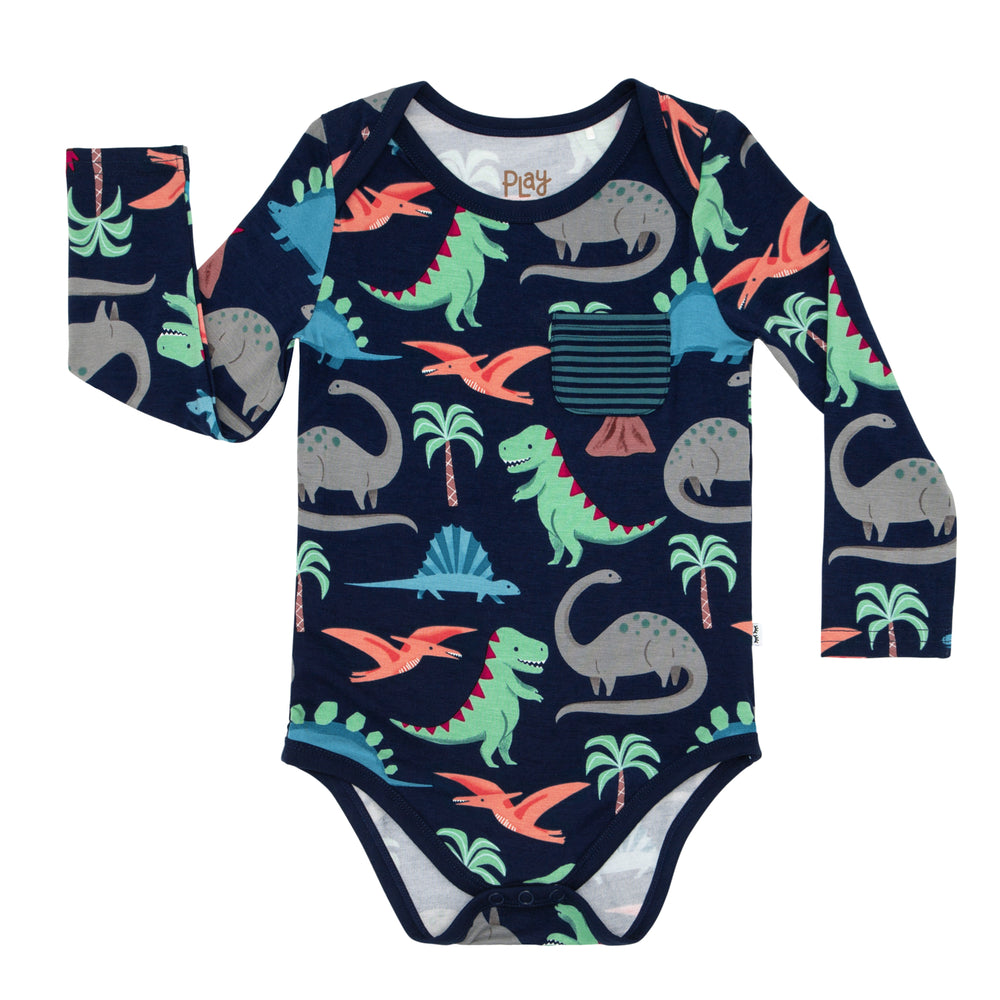 Click to see full screen - Flat lay image of a Blue Prehistoric Pals pocket bodysuit