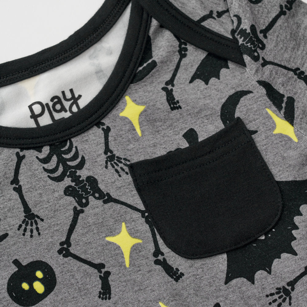 Close up flat lay image collar and pocket detail on the Gray Glowing Ghouls Pocket Bodysuit