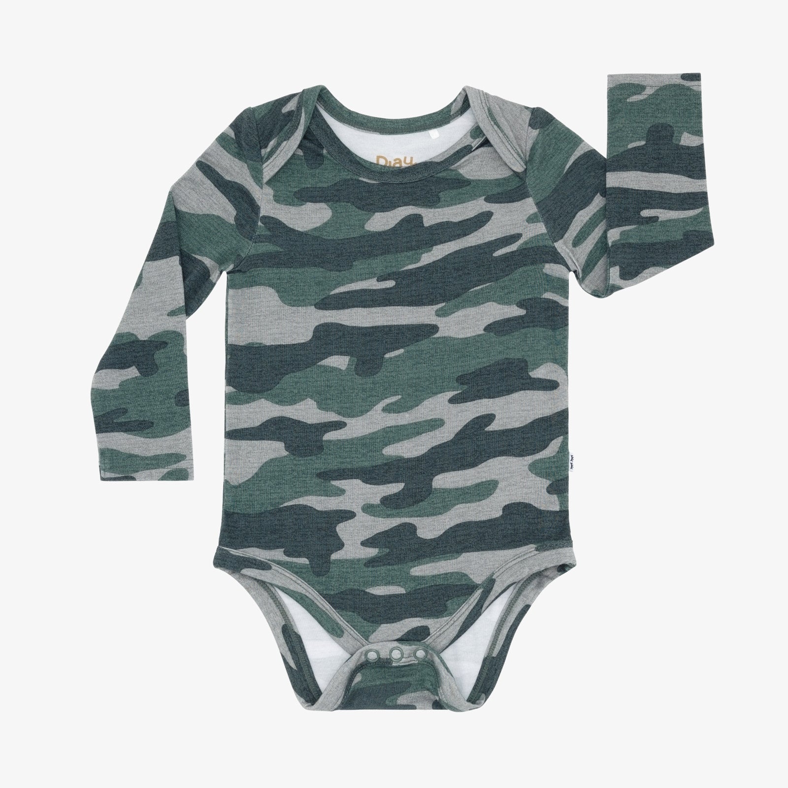 Flat lay image of the Vintage Camo Long Sleeve Bodysuit