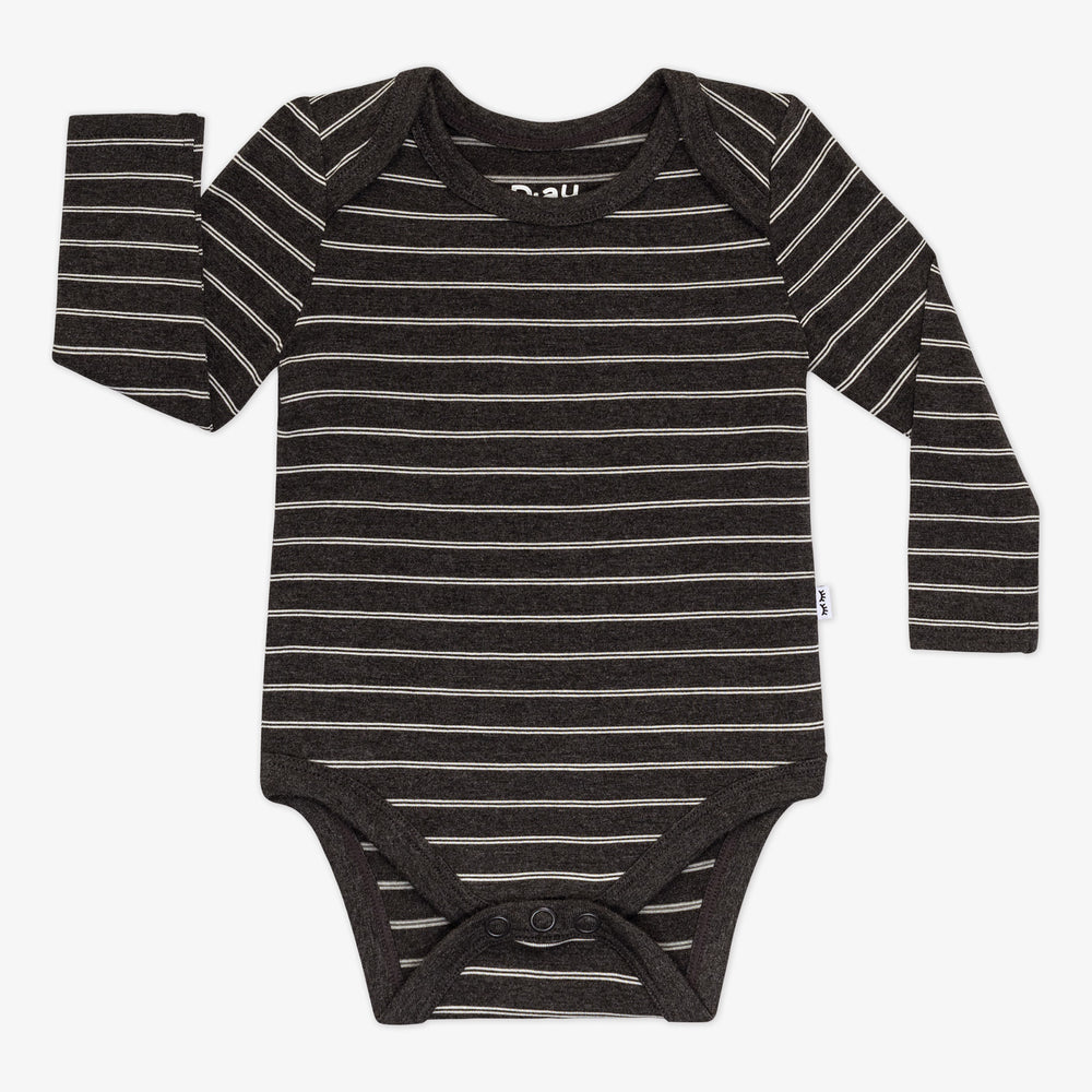 Flat lay of a Heather Black Stripes long sleeve baby bodysuit featuring white stripes