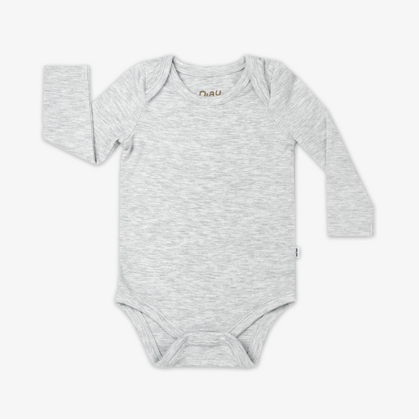 Flat lay image of the Light Heather Gray Long Sleeve Bodysuit