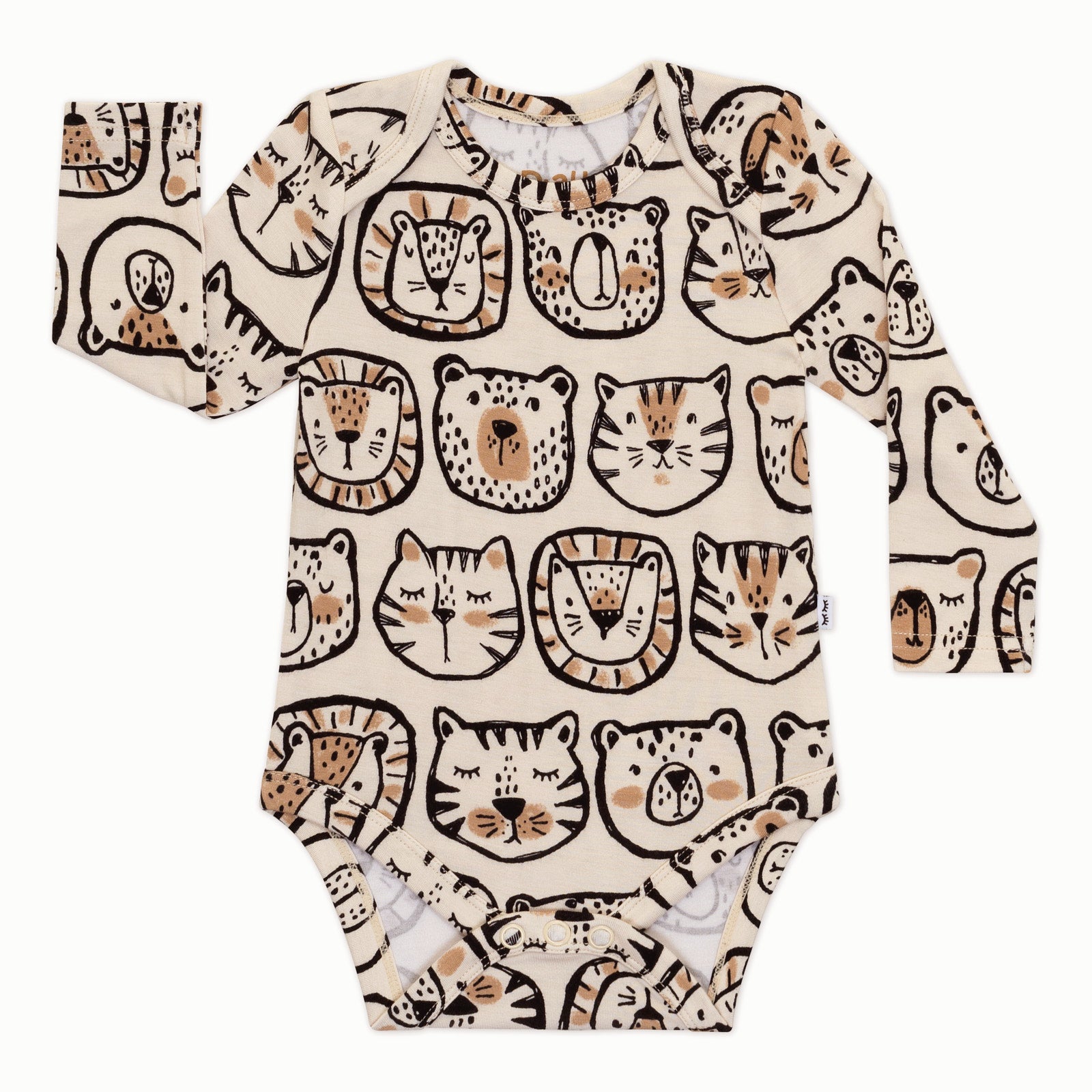 Flat lay of a Lions, Tigers & Bears baby bodysuit featuring long sleeves and black and tan animal illustrations