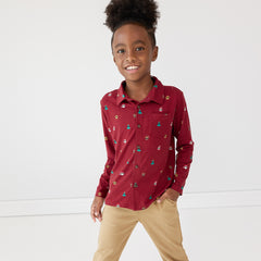 Image of a child wearing a Cool Christmas Button Down Shirt and Toasted Hazelnut Denim Jogger