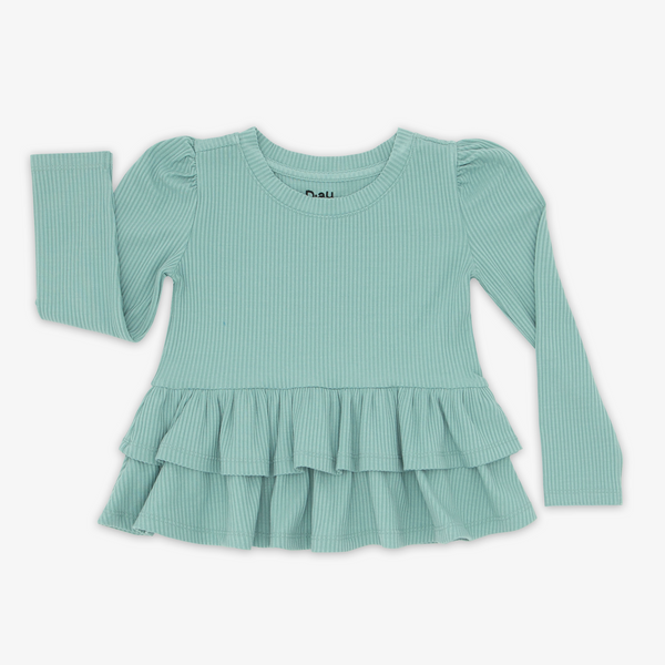 Flat lay image of the Aqua Mist Ribbed Tiered Peplum Top