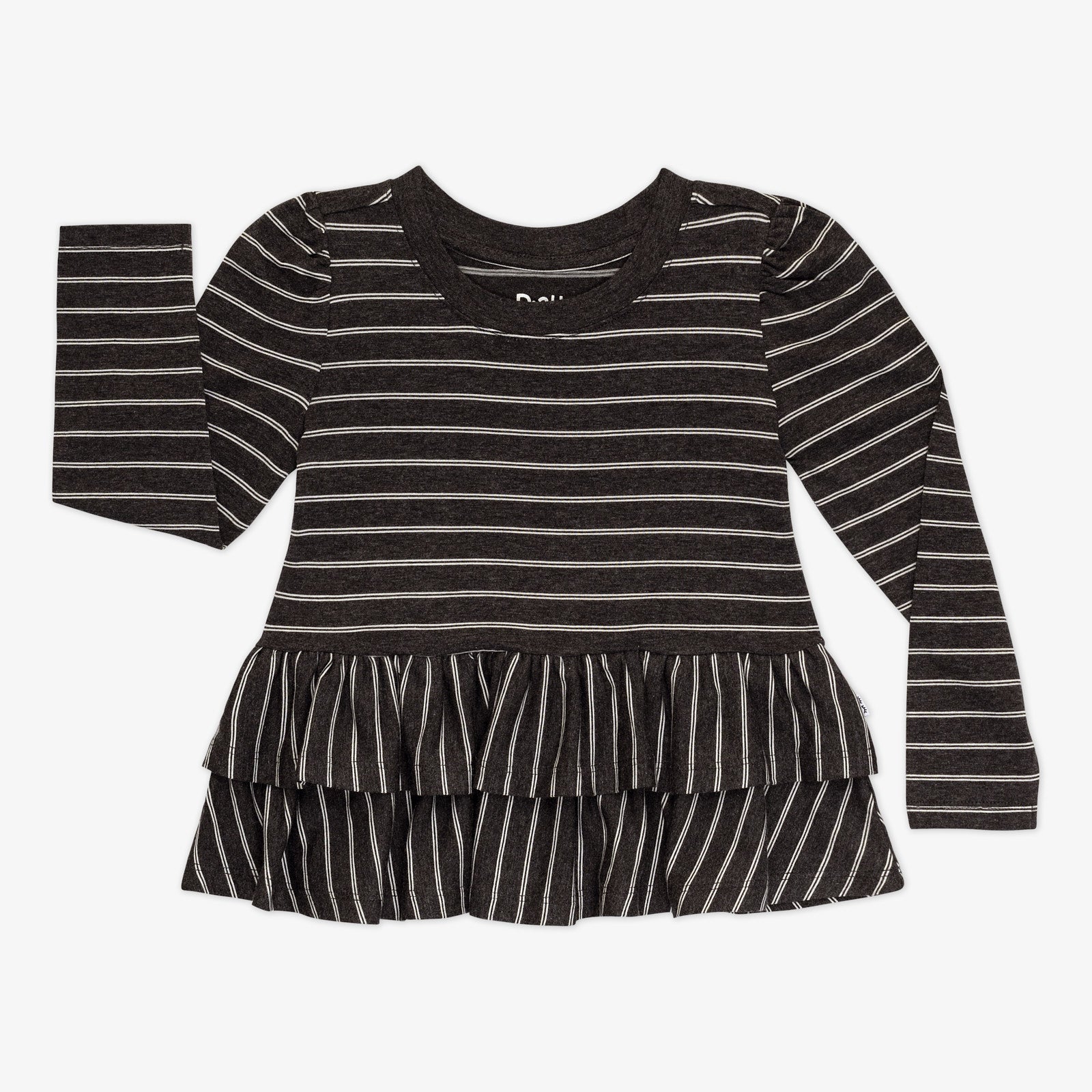 Flat lay of a Heather Black Stripes peplum top featuring long sleeves, two ruffle layers along the bottom, and white stripes