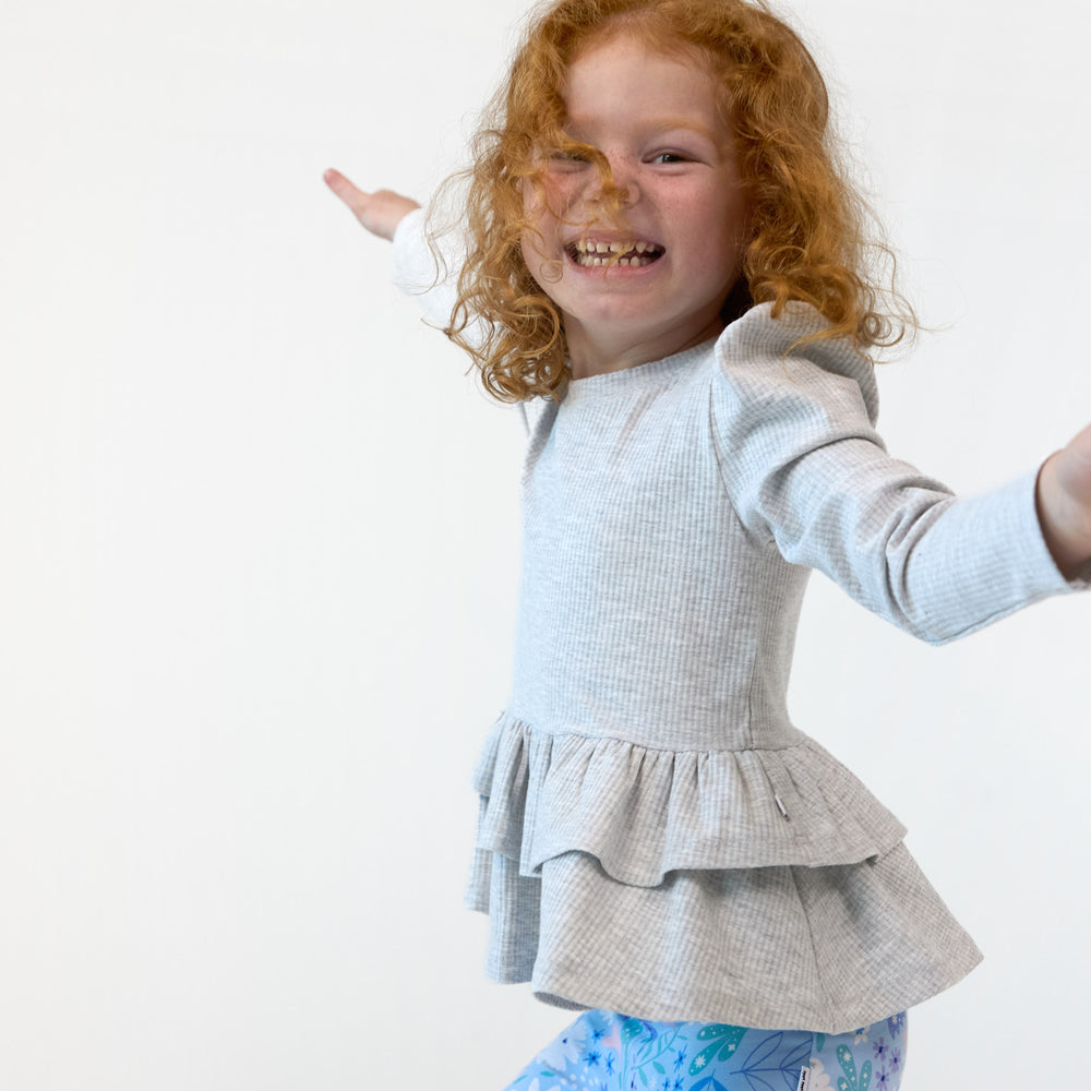 Alternative image of a girl smiling and posing in the Light Heather Gray Ribbed Tiered Peplum Top