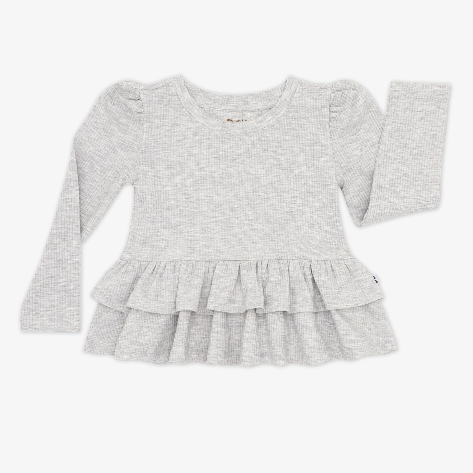 Flat lay image of the Light Heather Gray Ribbed Tiered Peplum Top