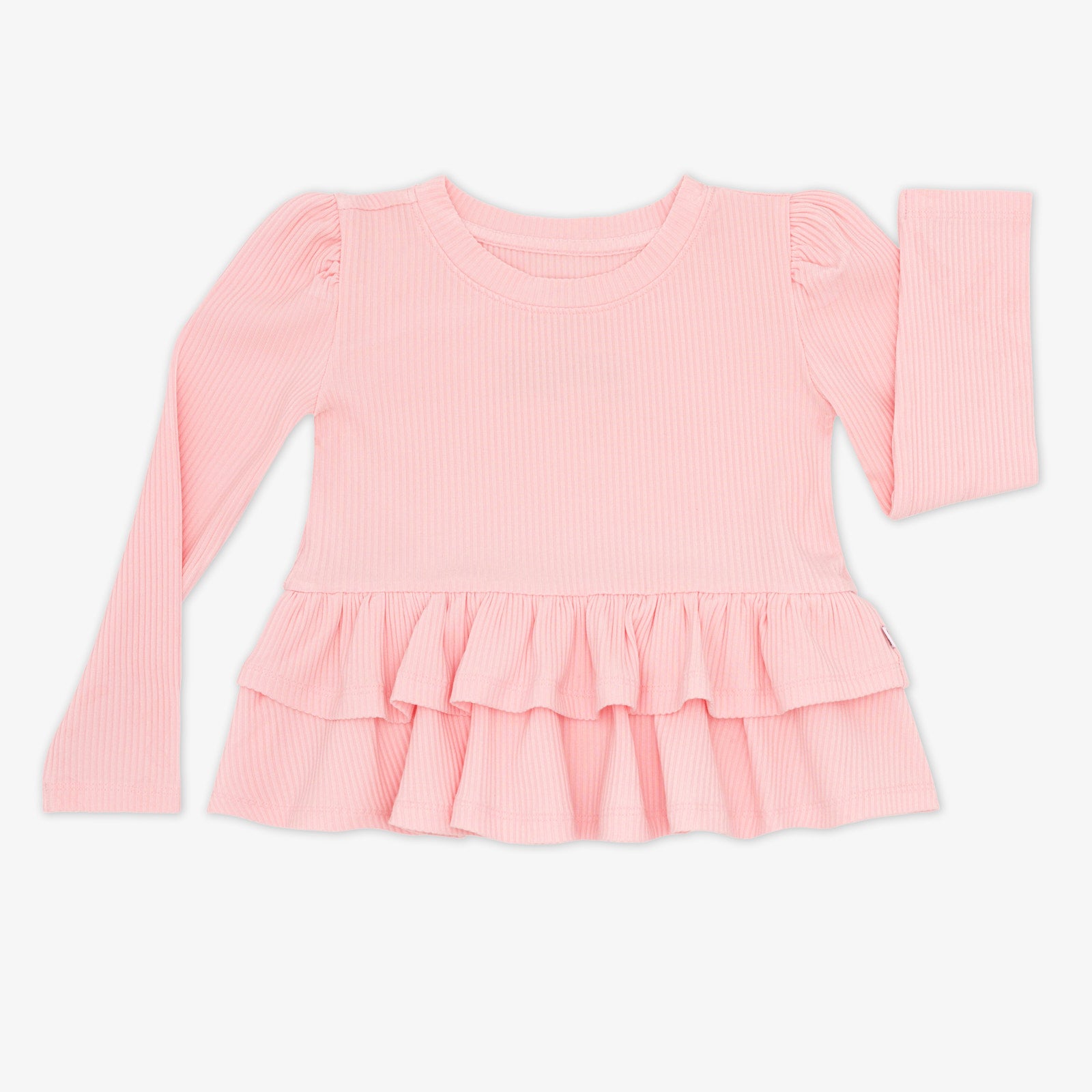 Flat lay image of the Prima Pink Ribbed Tiered Peplum Top