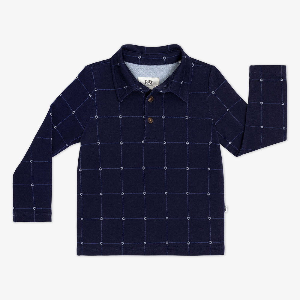 Flat lay image of a Hanukkah Stars Plaid Polo Shirt