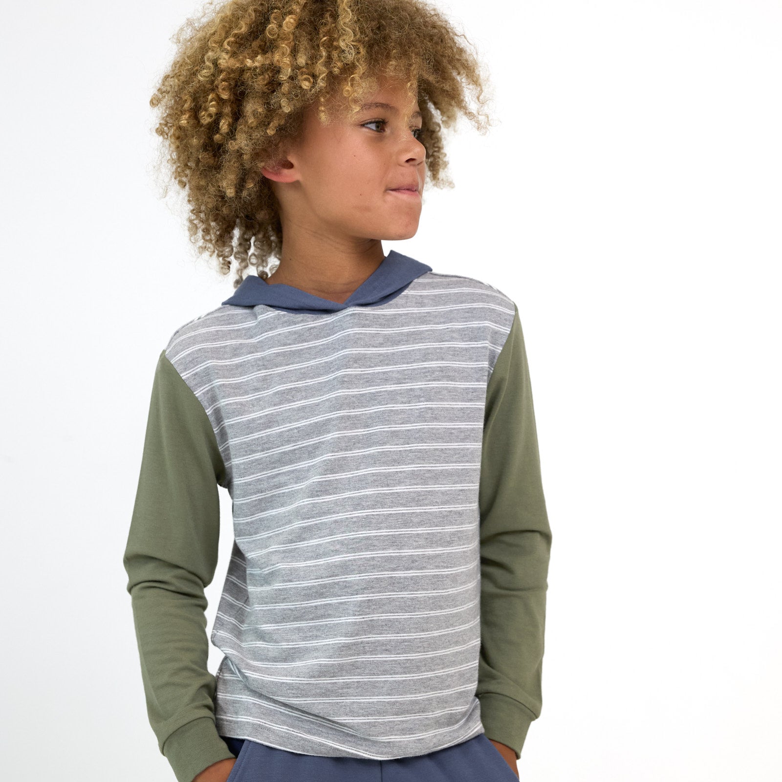 Image of a boy wearing a Light Heather Gray Stripes Hooded Tee