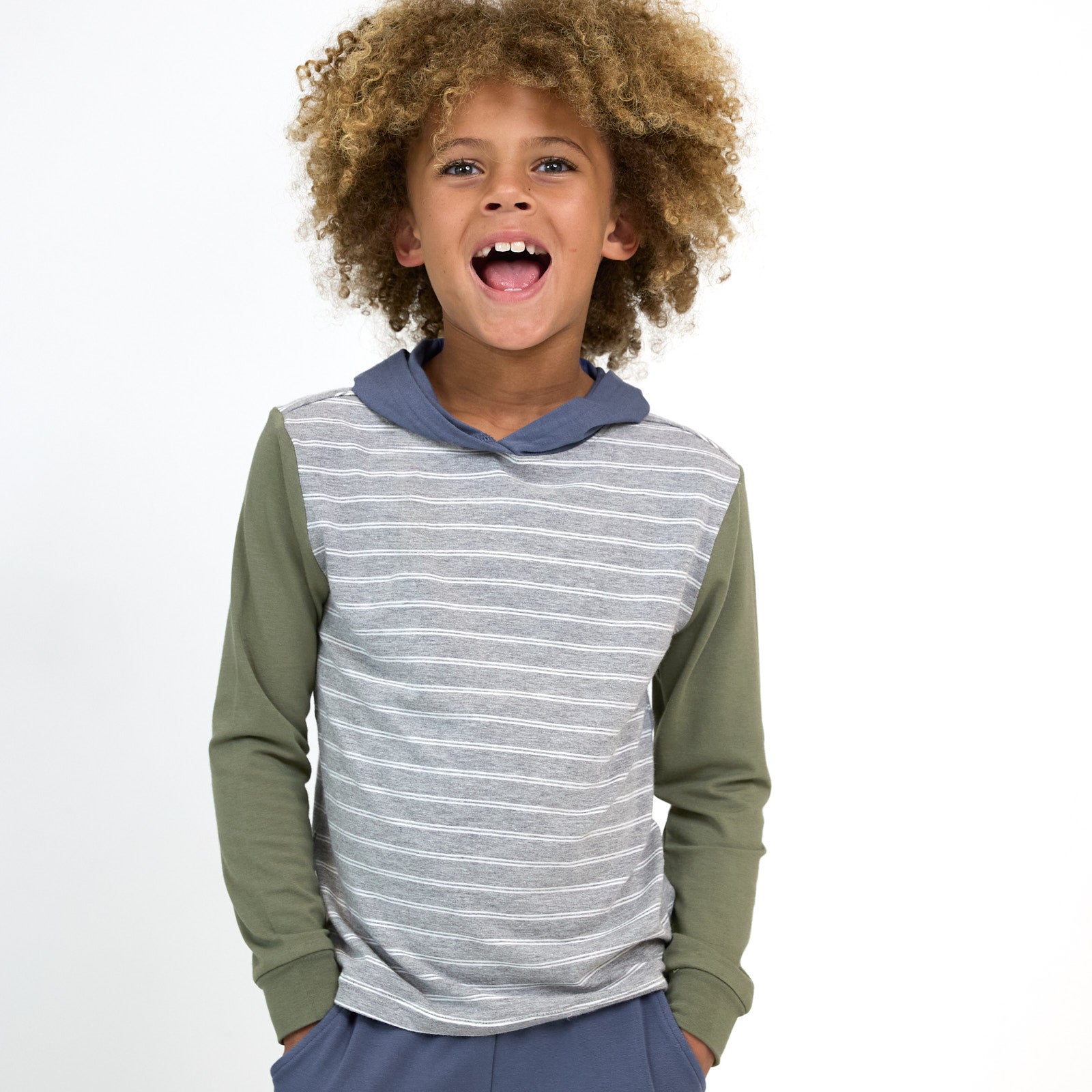 Image of a boy laughing, wearing a Light Heather Gray Stripes Hooded Tee