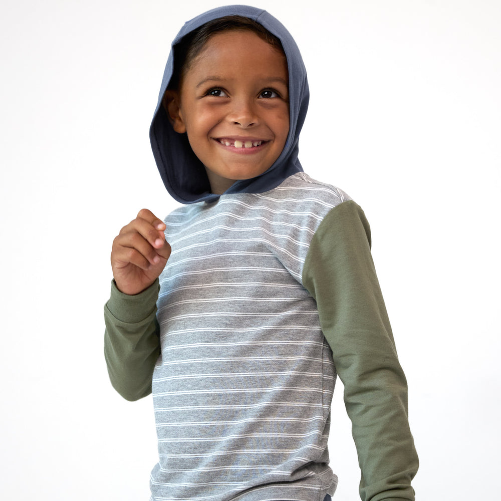 Image of a boy wearing a Light Heather Gray Stripes Hooded Tee with the hood up