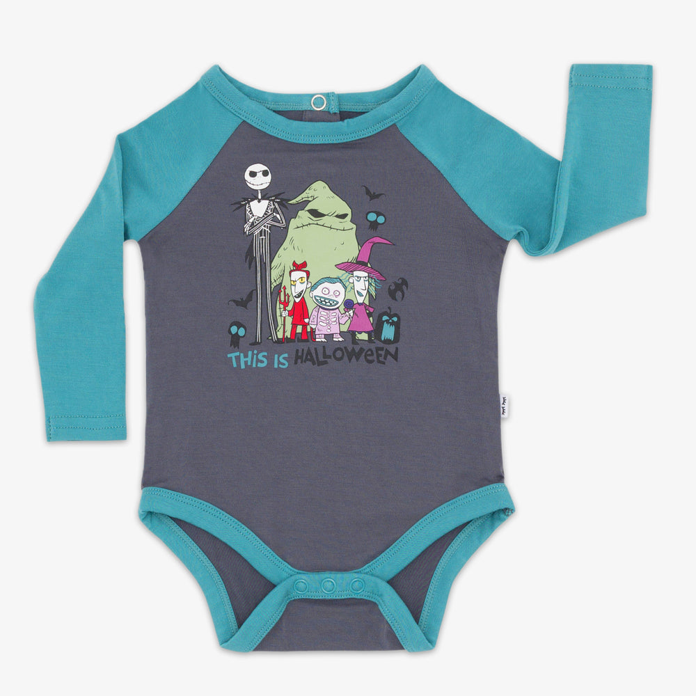 flat lay image of the Nightmare Before Christmas Jack & Crew bodysuit with "this is halloween" text