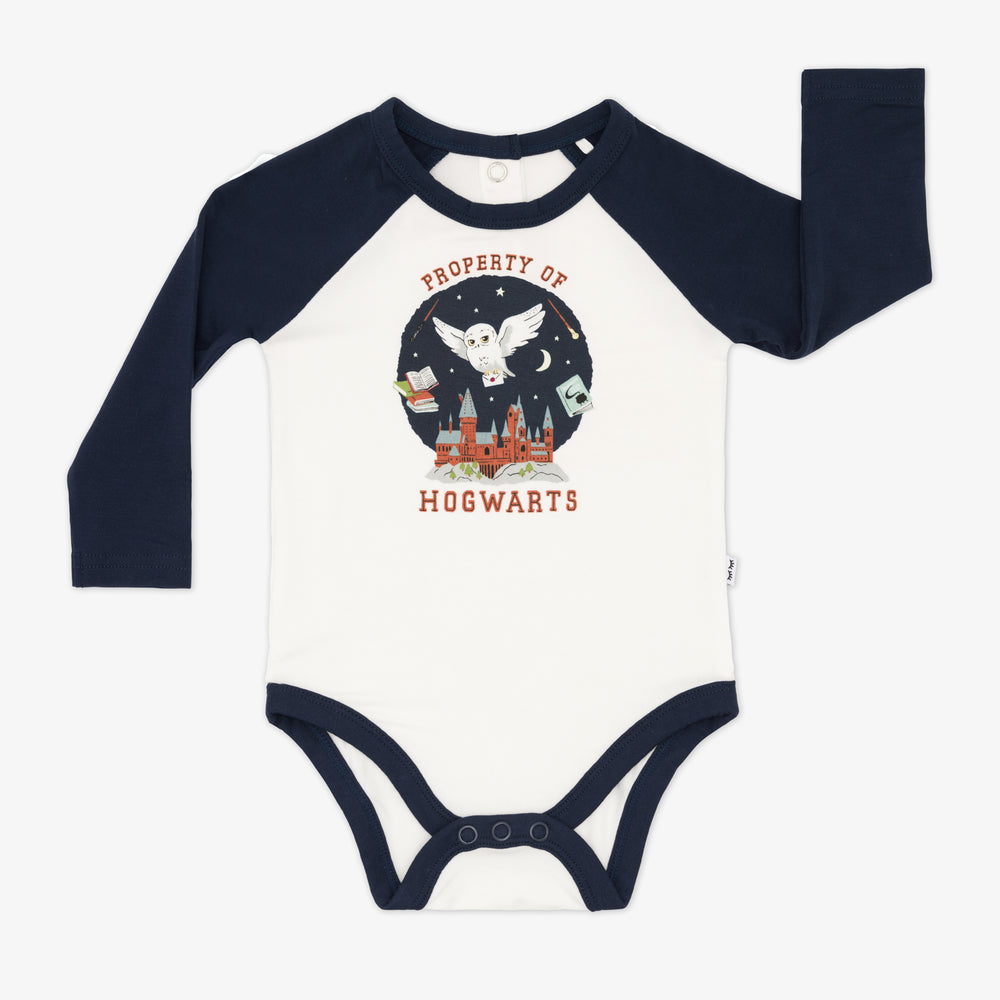 Flat lay image of a Property of Hogwarts Raglan Bodysuit