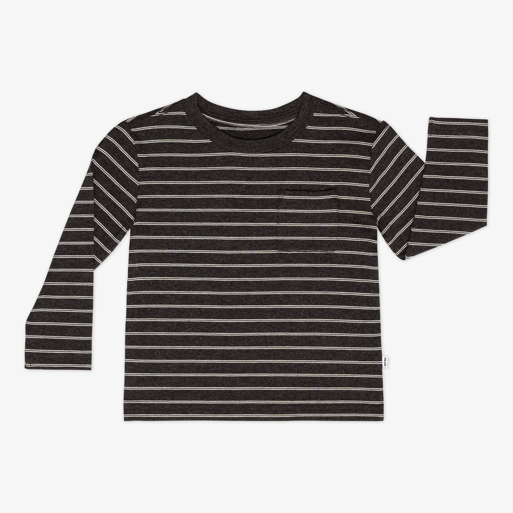 Flat lay of a Heather Black Stripes long sleeve relaxed pocket tee featuring a white striped design and chest pocket