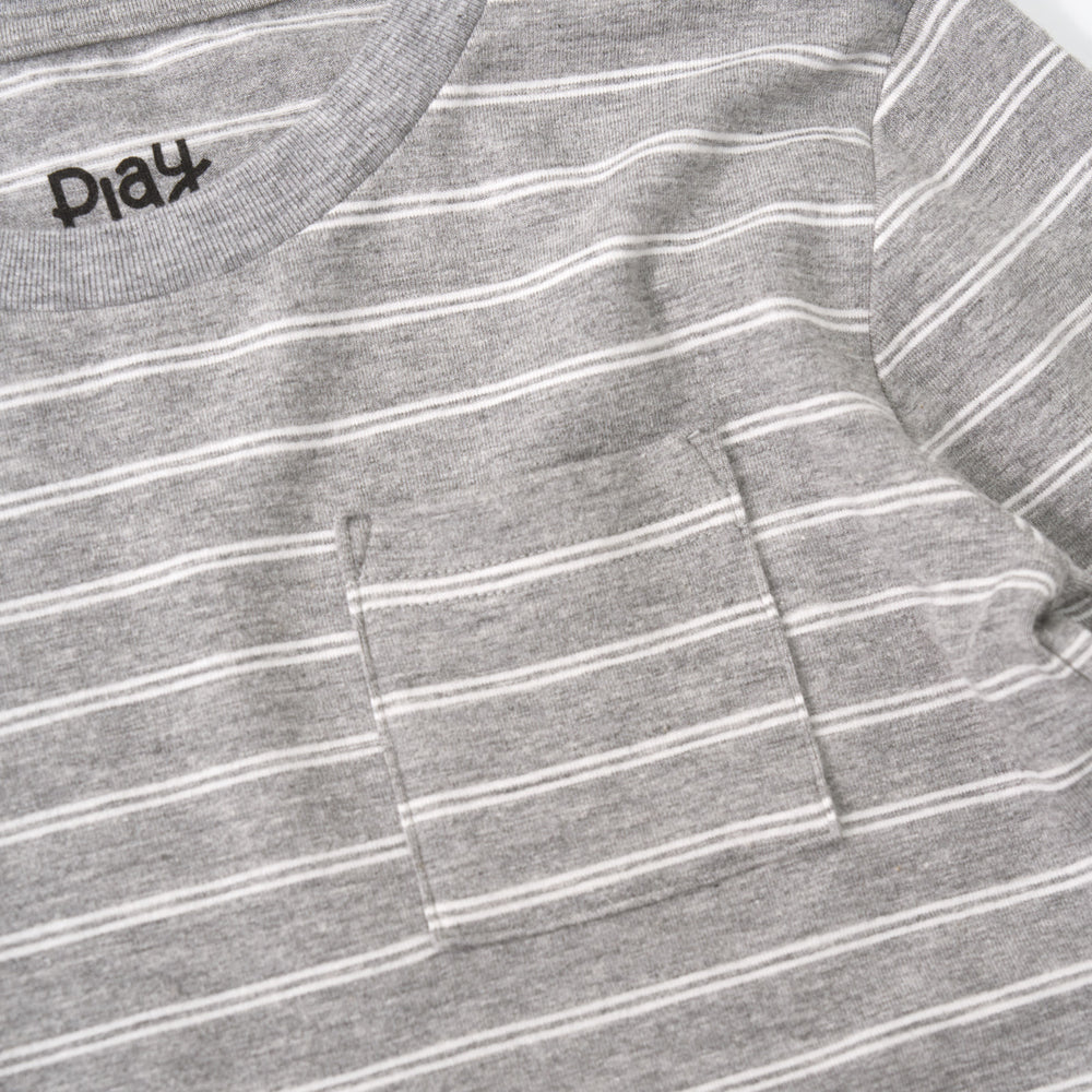 Close up detail shot of the Light Heather Gray Stripes Relaxed Pocket Tee