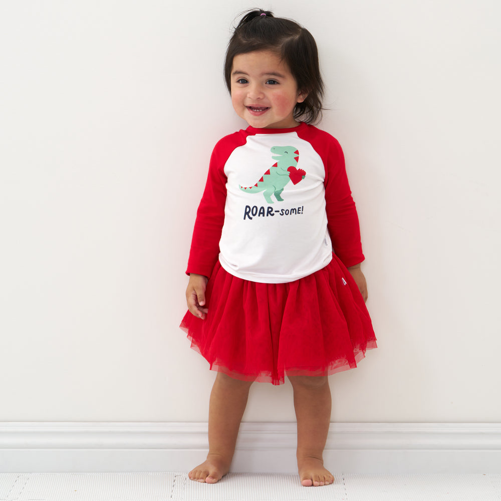 Click to see full screen - Child wearing a Candy Red tutu skirt with coordinating graphic tee