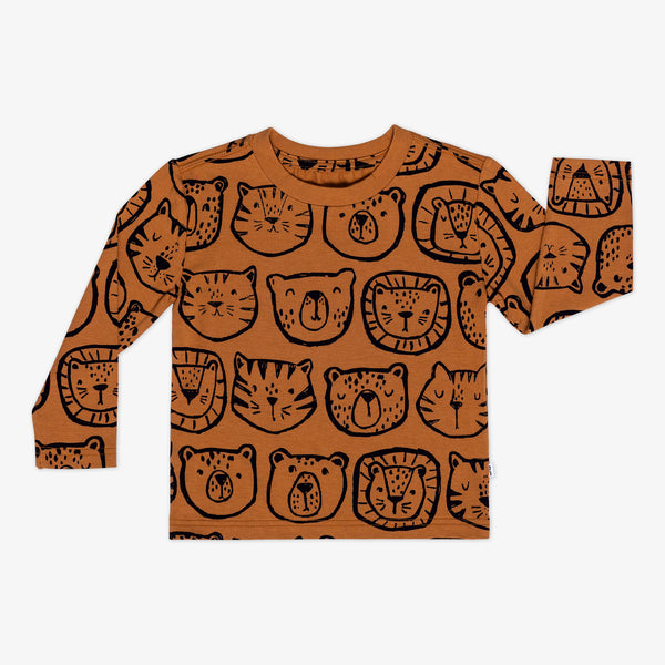 Flat lay of an Amber Lions, Tigers & Bears Relaxed Tee with long sleeves and black animal illustrations