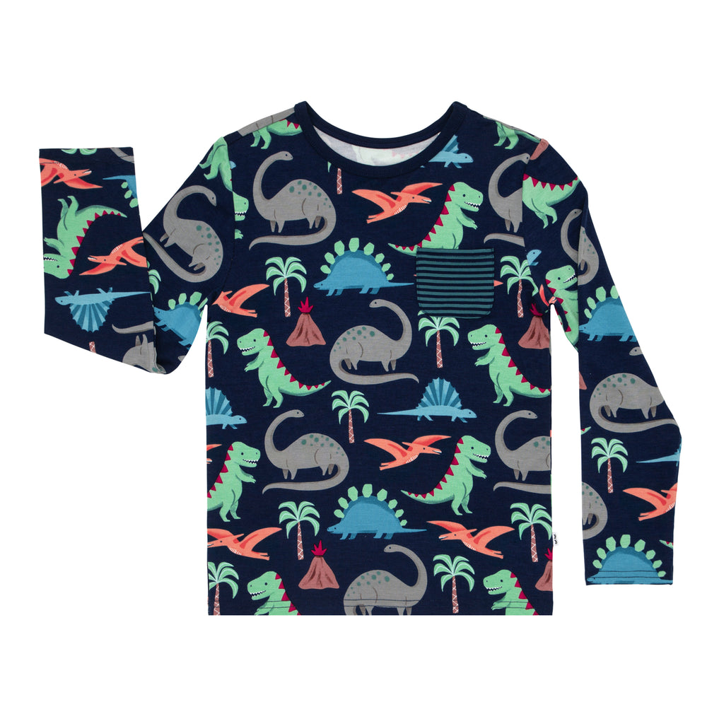 Click to see full screen - Flat lay image of a Blue Prehistoric Pals pocket tee