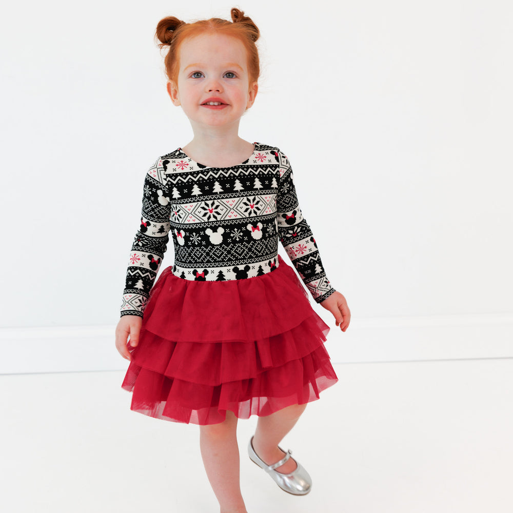 Image of a child wearing a Mickey Fair Isle Tiered Tutu Dress with Bloomer