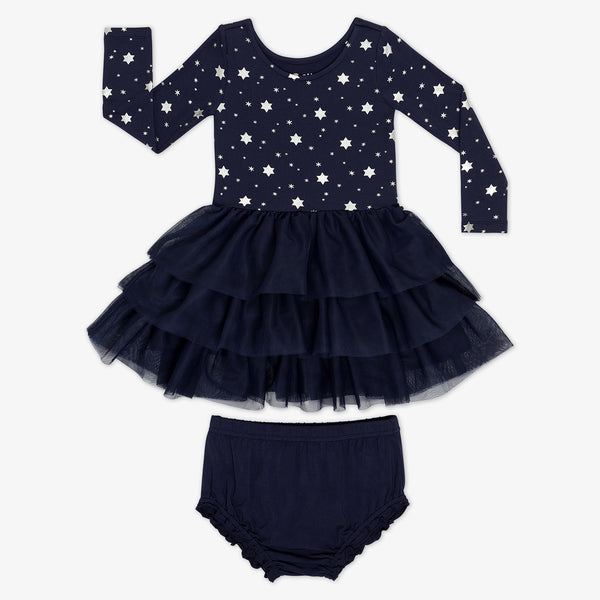 Flat lay image of a Hanukkah Stars Tiered Tutu Dress with Bloomer