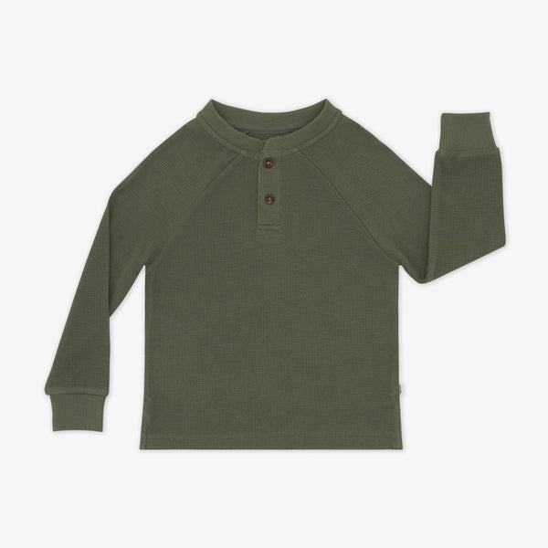 Flat lay image of an Olive Waffle Henley Tee