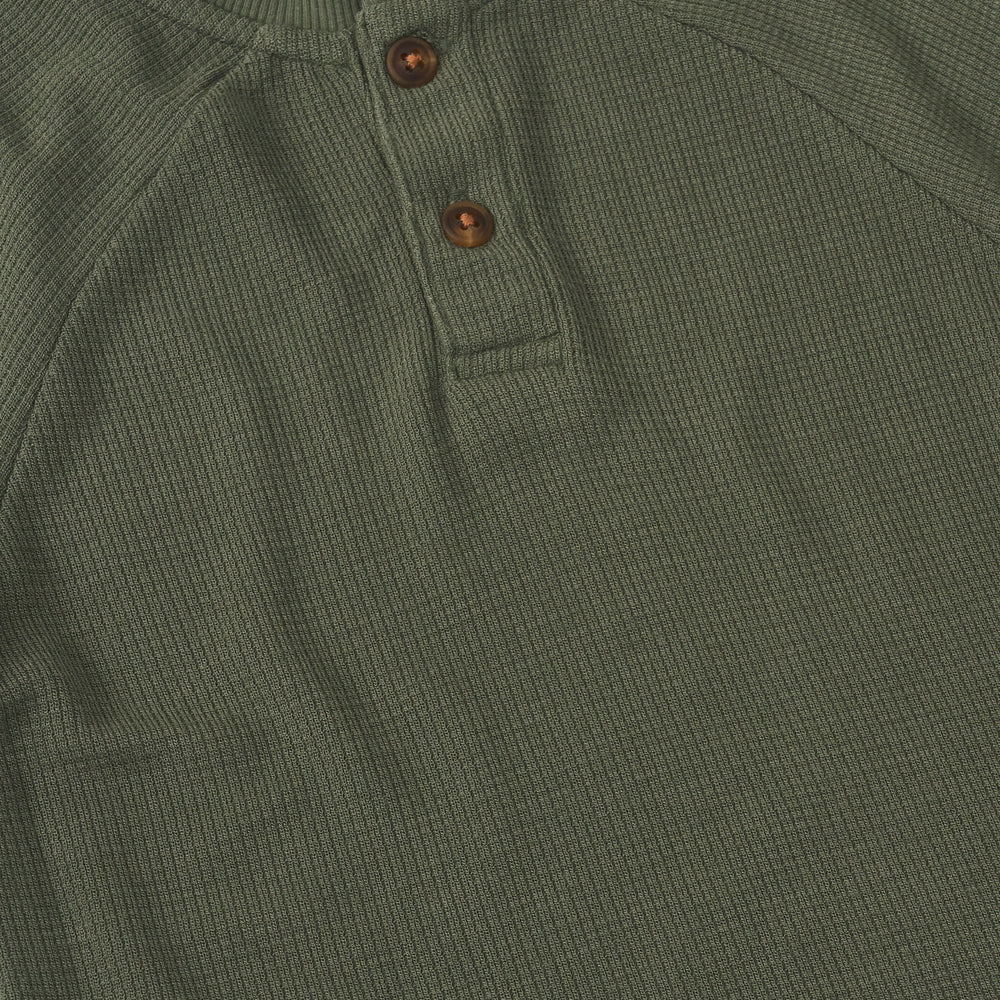 Alternate close up detail shot of an Olive Waffle Henley Tee