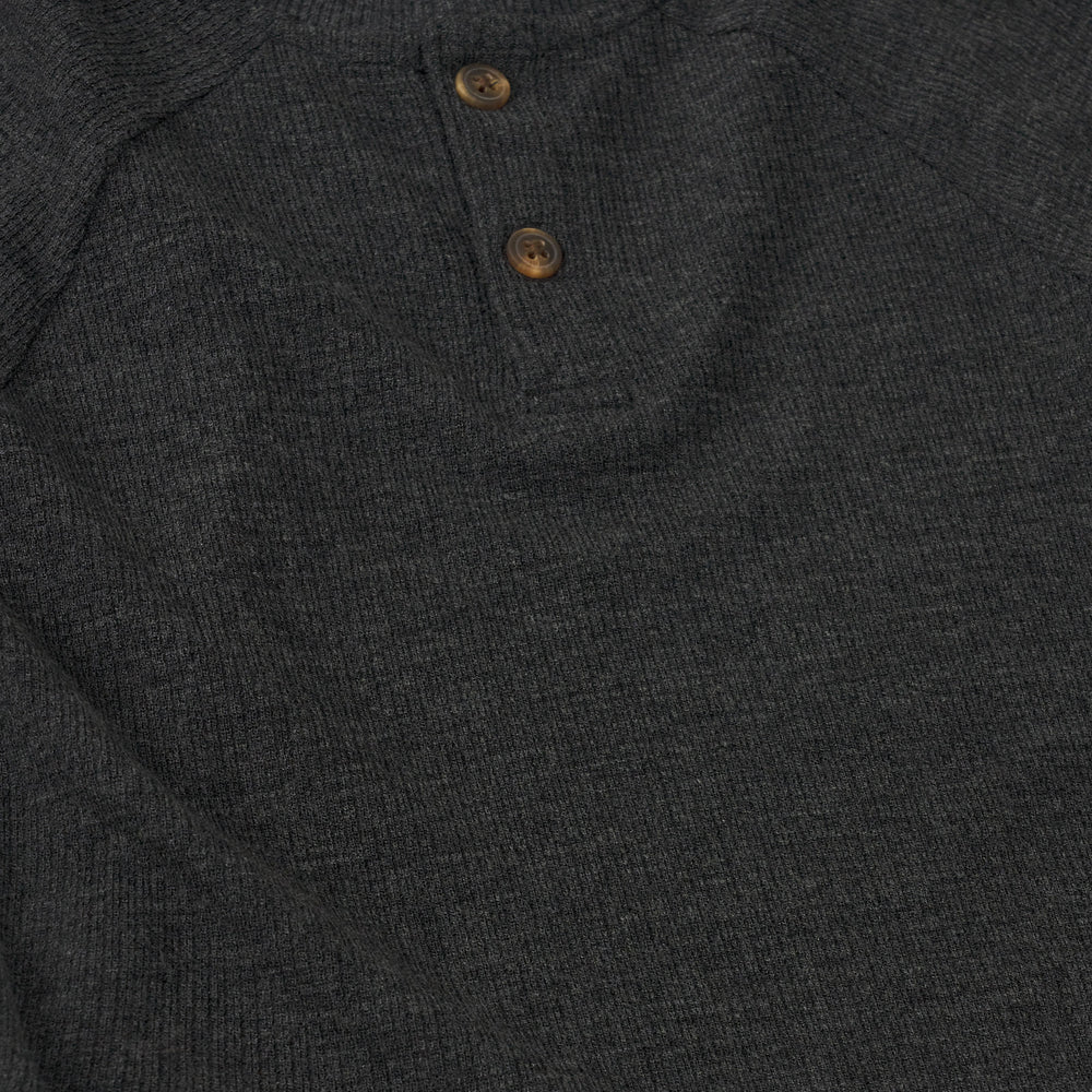 Alternate close up detail shot of a Heather Black Waffle Henley Tee