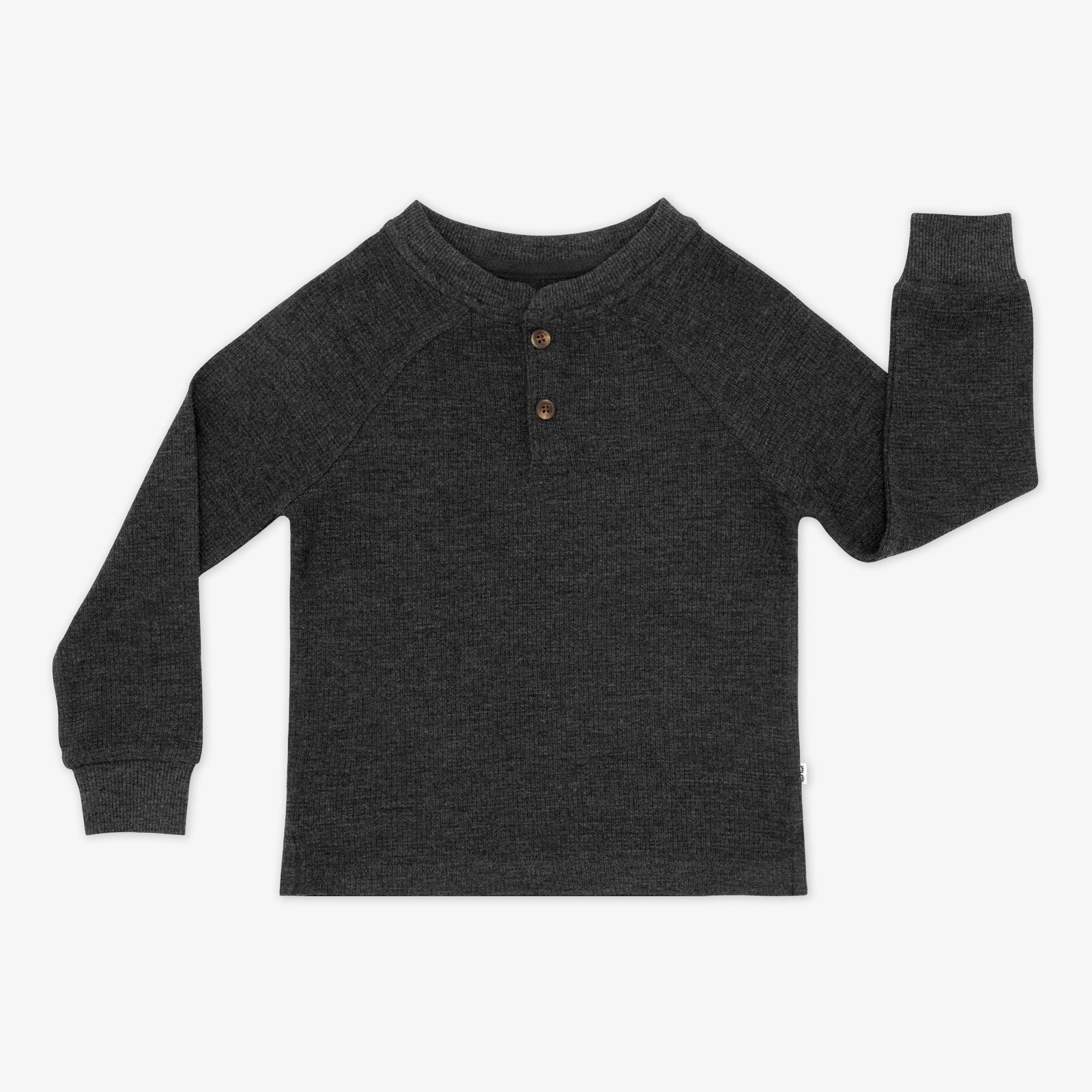 Flat lay image of a Heather Black Waffle Henley Tee