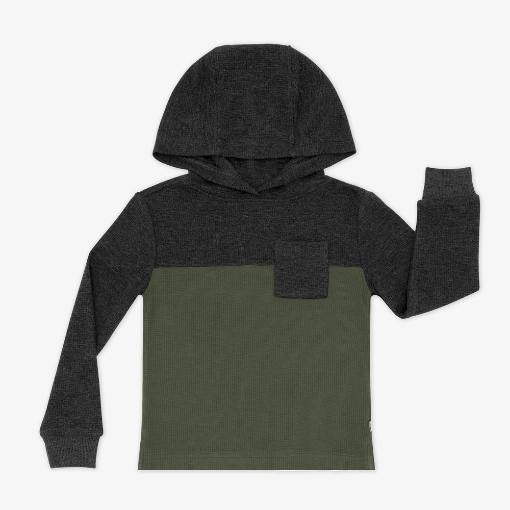 Flat lay image of a Heather Black Waffle Hooded Tee