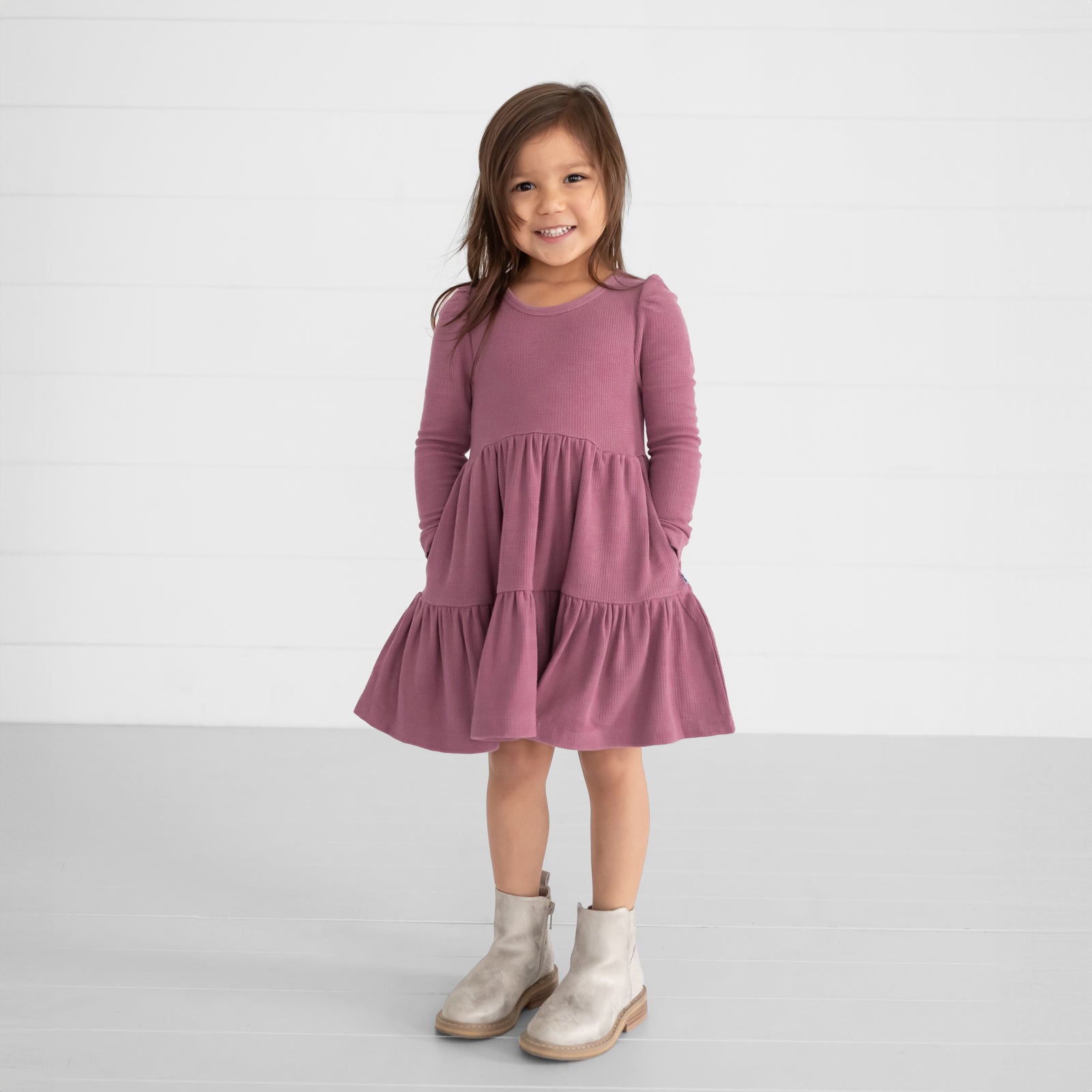 Alternate image of a child wearing a Dusty Plum Waffle Tiered Dress