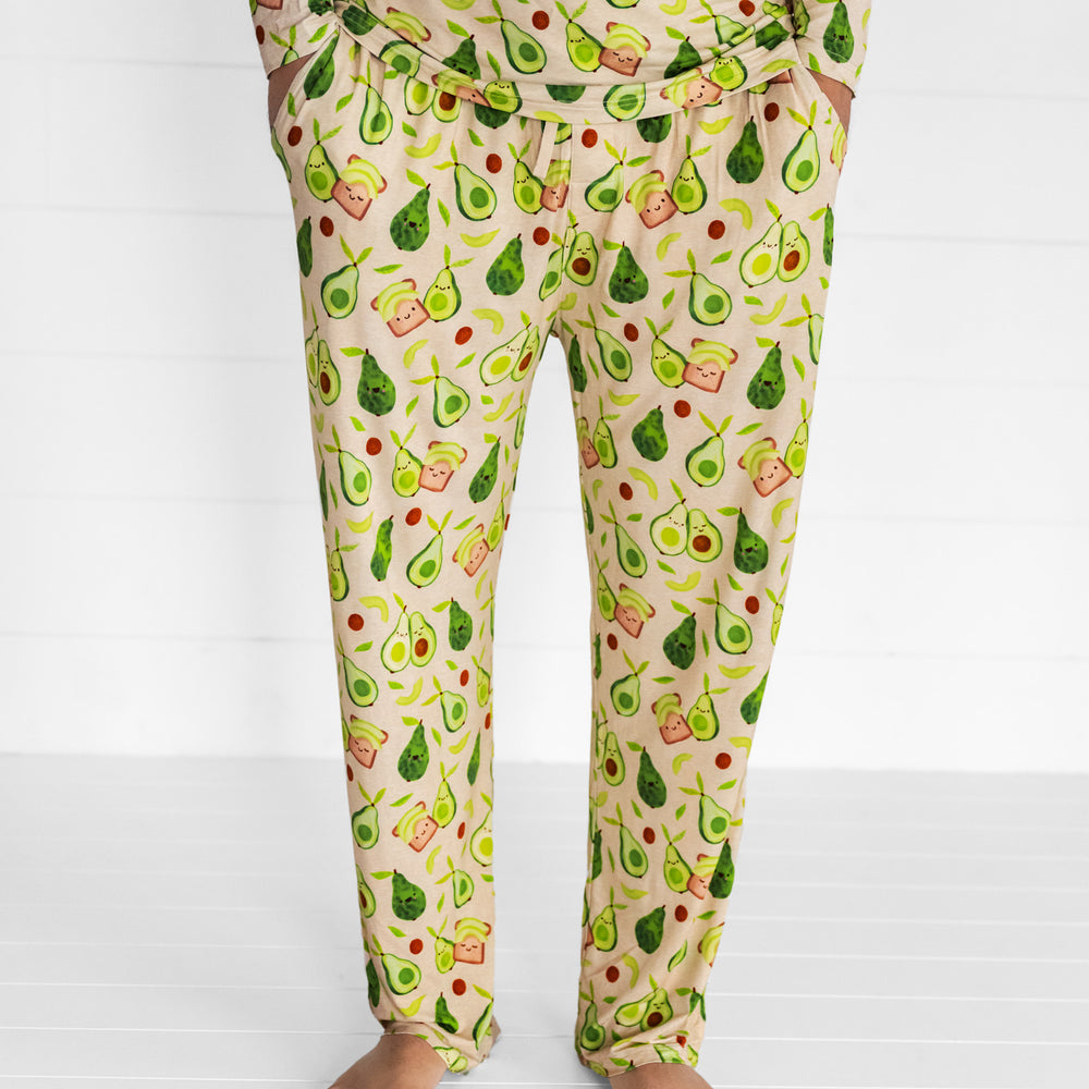 Close up image of a man wearing Avocado Toast printed men's pj pants