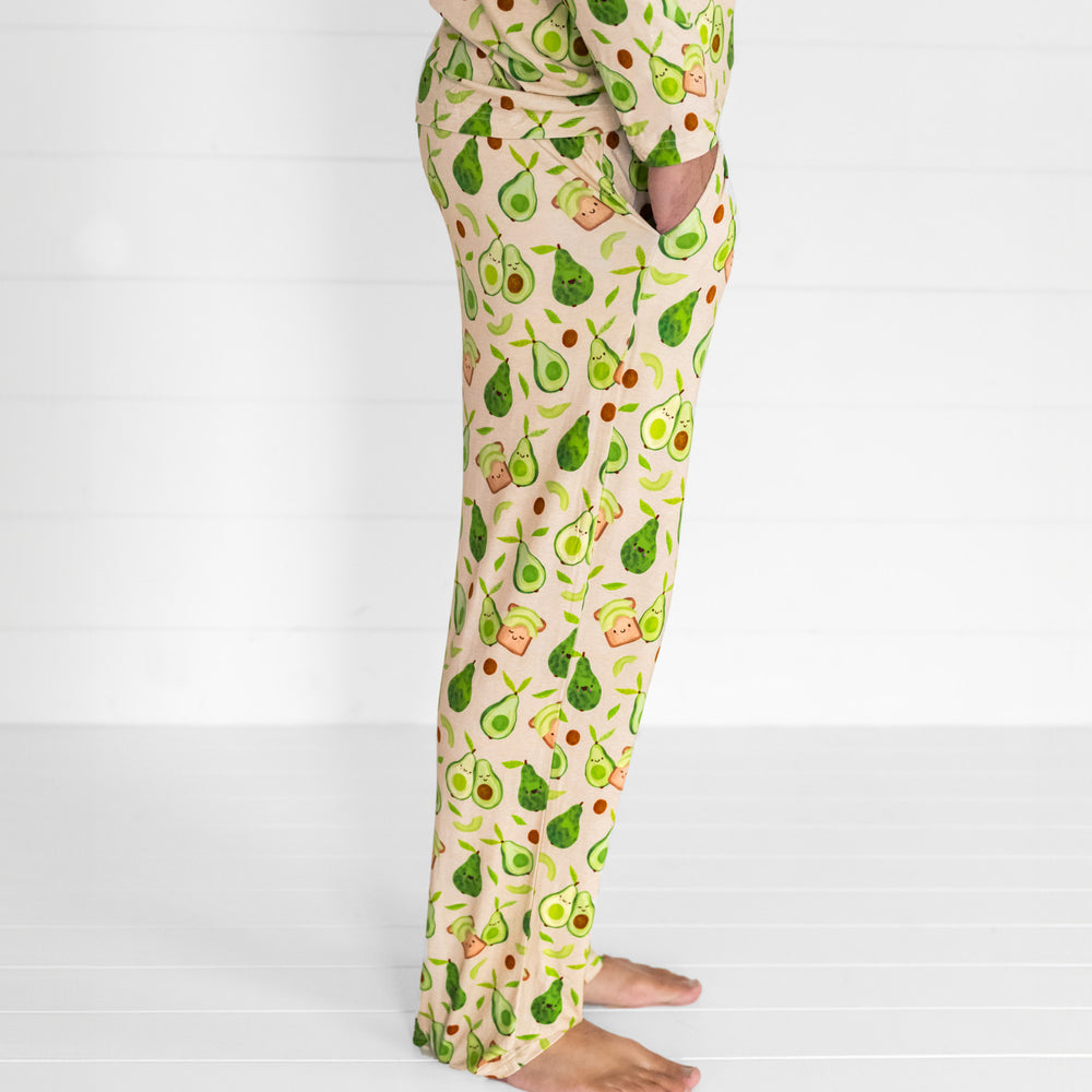 close up profile image of a man wearing Avocado Toast printed men's pj pants