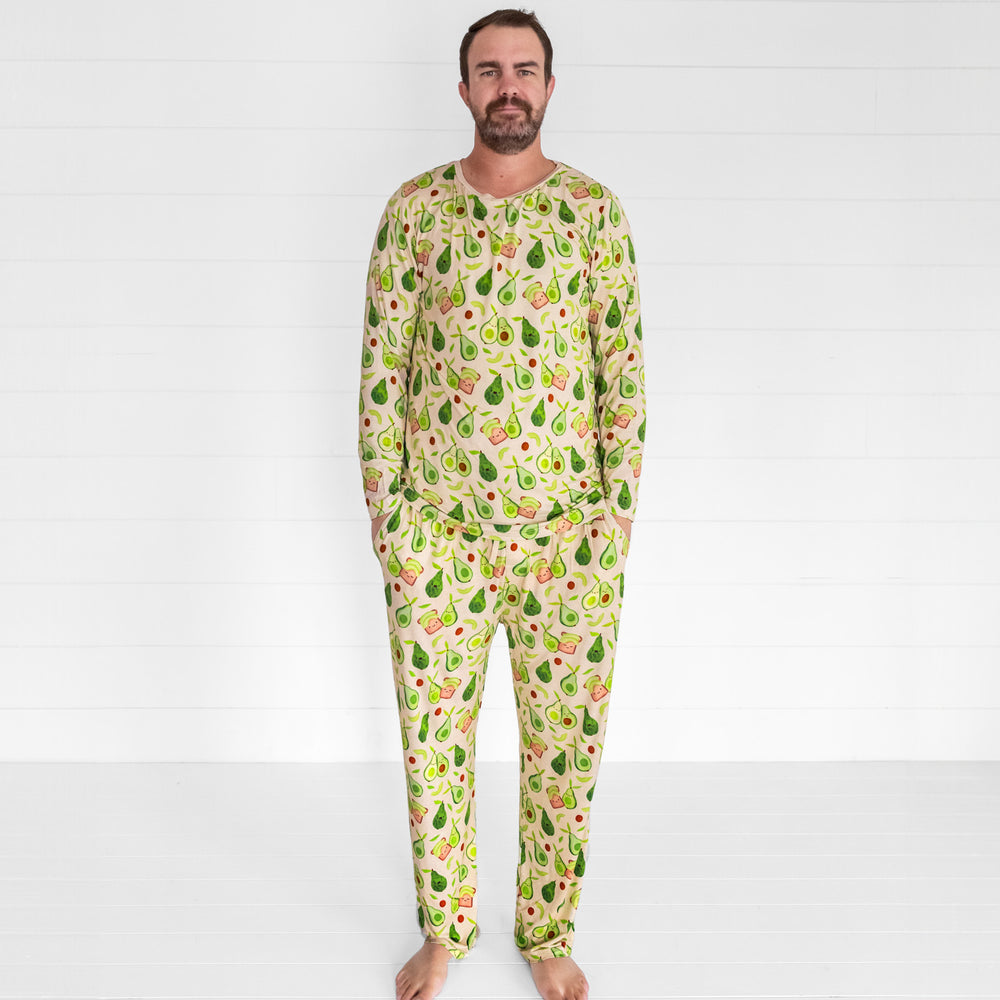 Image of a man wearing men's Avocado Toast men's pj top and matching pants