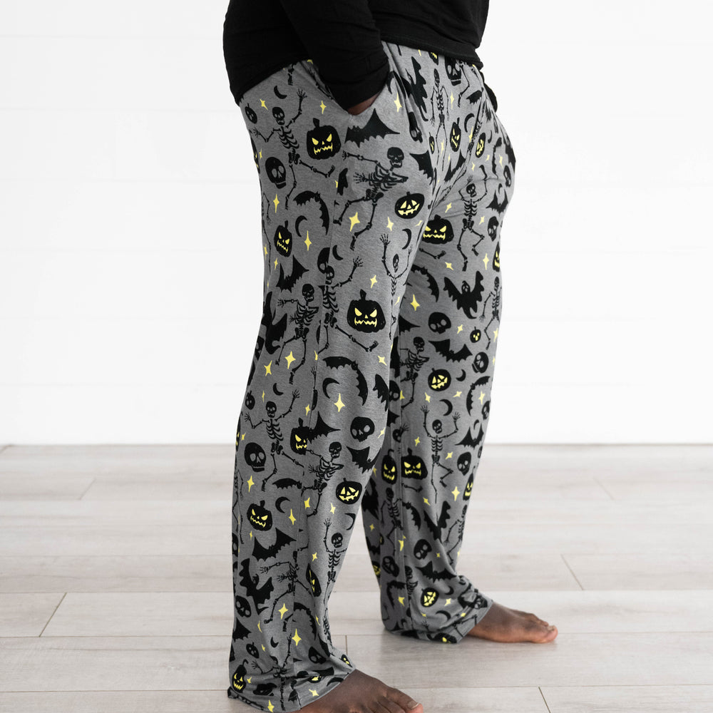 Side view image of the Gray Glowing Ghouls Men's Pajama Pants