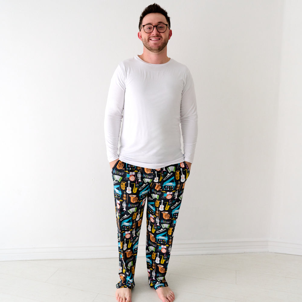 Man wearing Keys and Chords men's pajama pants and coordinating top