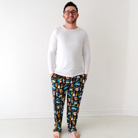 Man wearing a Bright White Men's Pajama Top with coordinating Keys & Chords Men's Pajama Pants