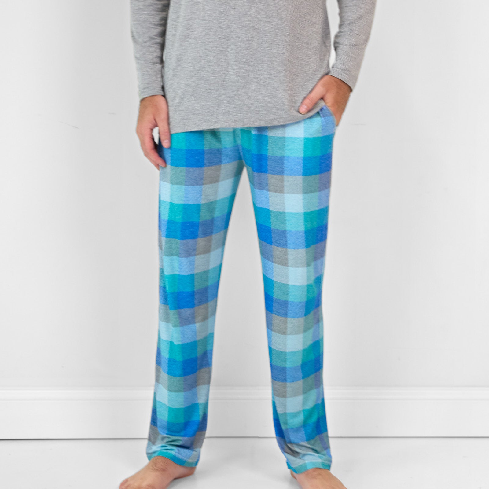 Close up image of a man wearing Arctic Plaid men's pj bottoms