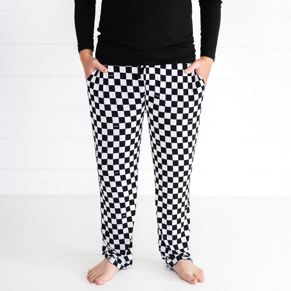 Close up image of a man wearing Cool Checks men's PJ pants