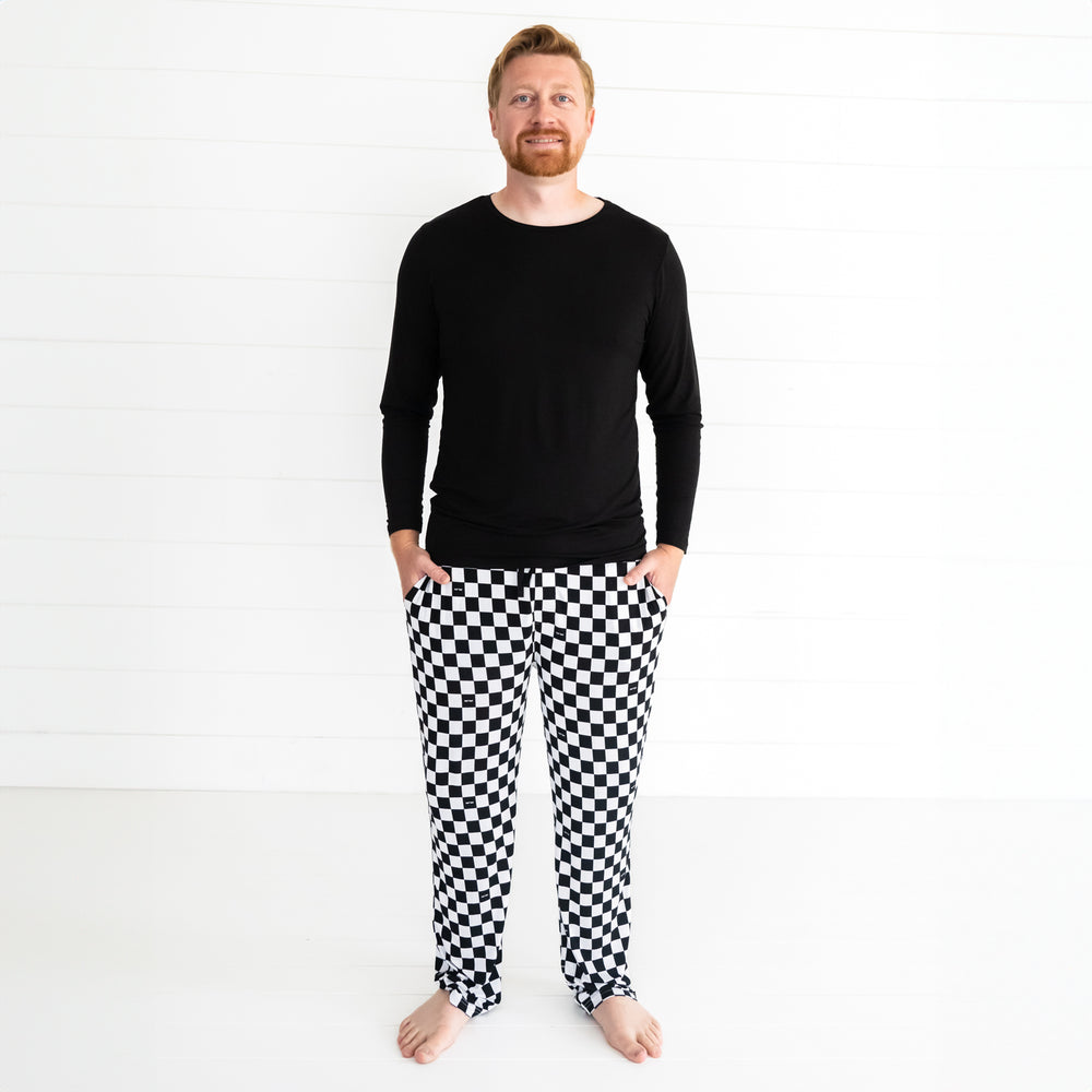 alternate image of a man wearing Cool Checks men's PJ pants and solid black men's pj top