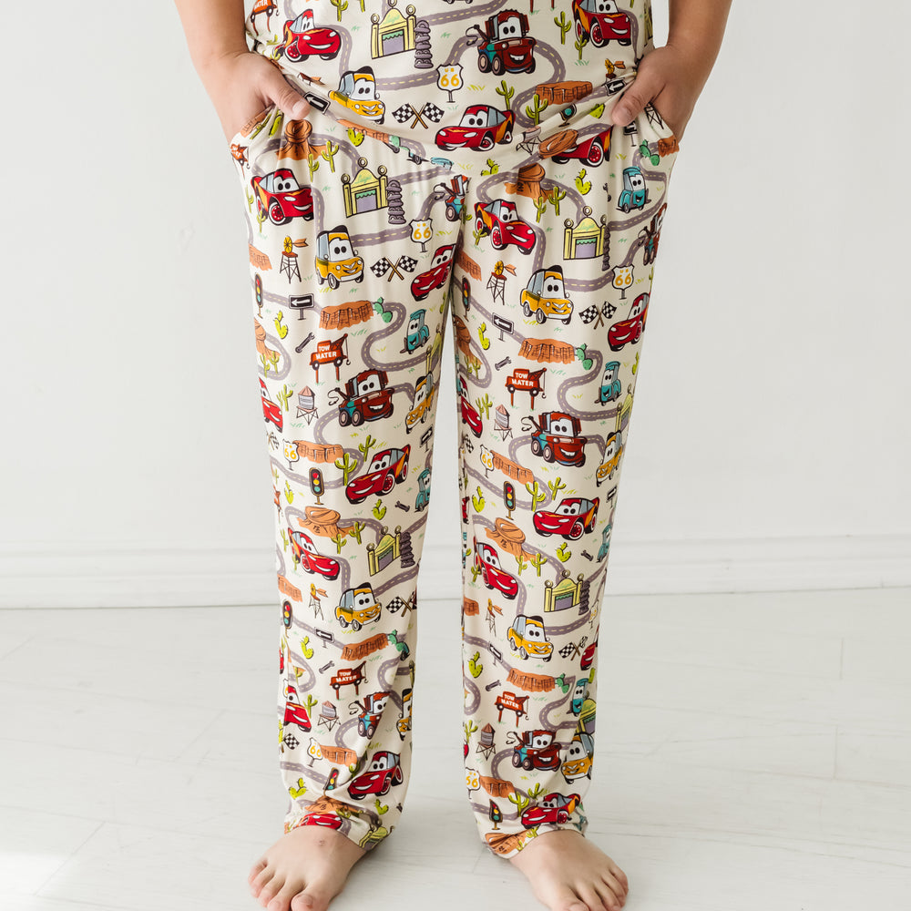 Close up image of men's Radiator Springs pajama pants