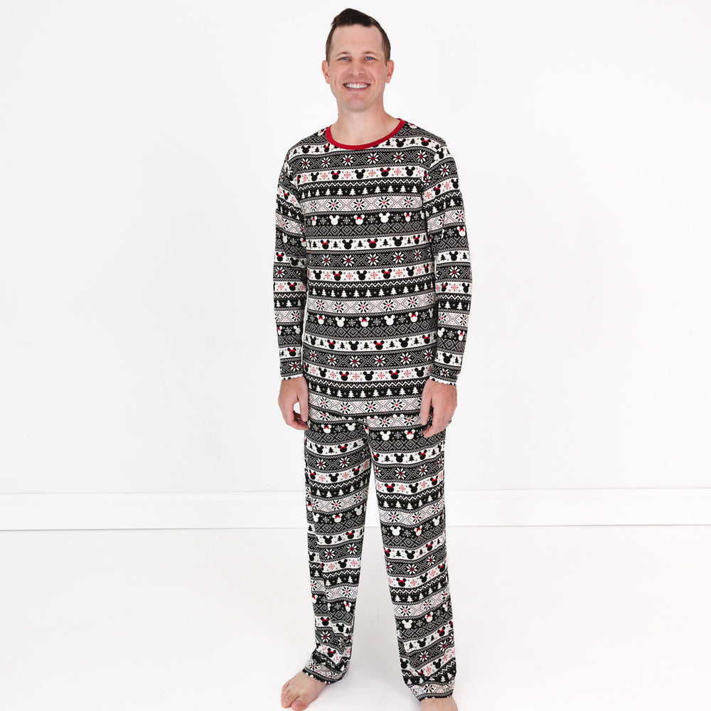 Image of a man wearing a Mickey Fair Isle men's pj top and matching men's pj pants