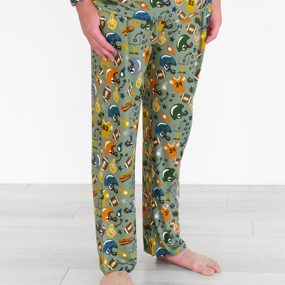 Close up image of man wearing the touchdown-time-mens-pajama-pants