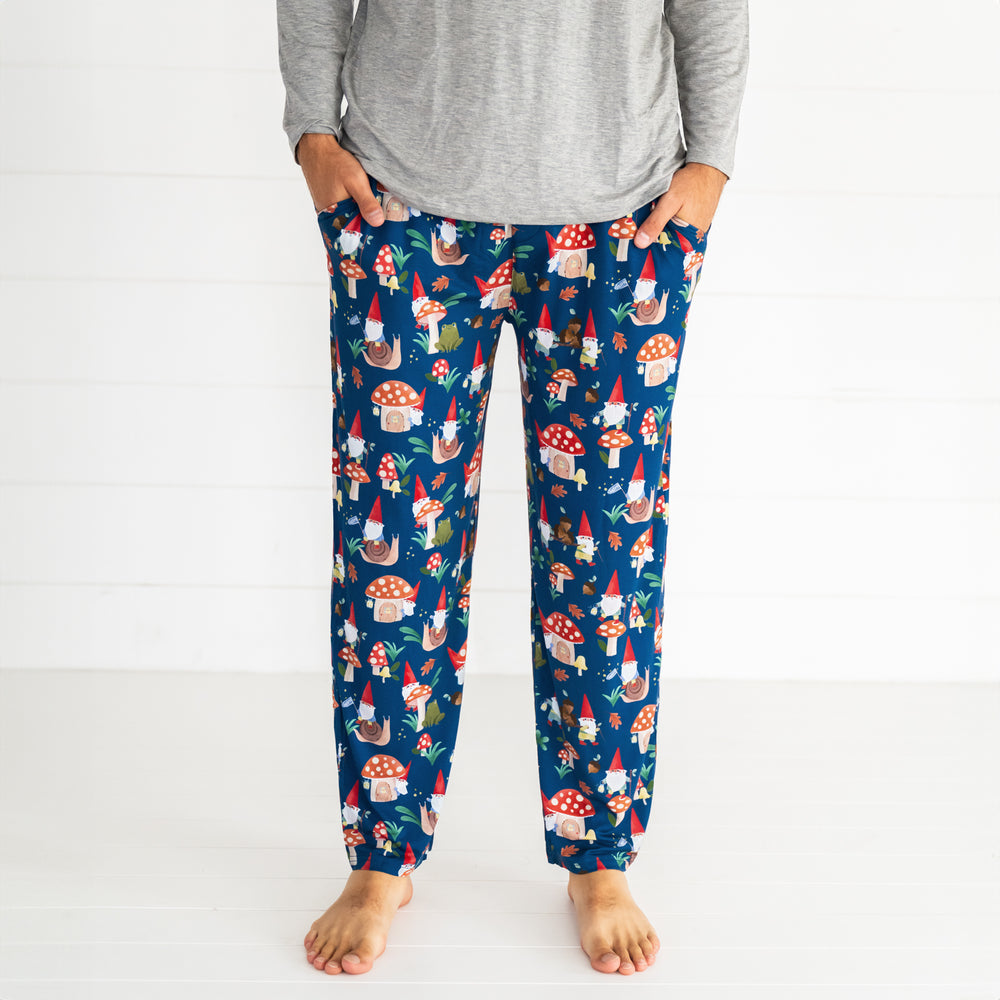 Close up image of the Forest Gnomes Men's Pajama Pant while displaying the side pockets