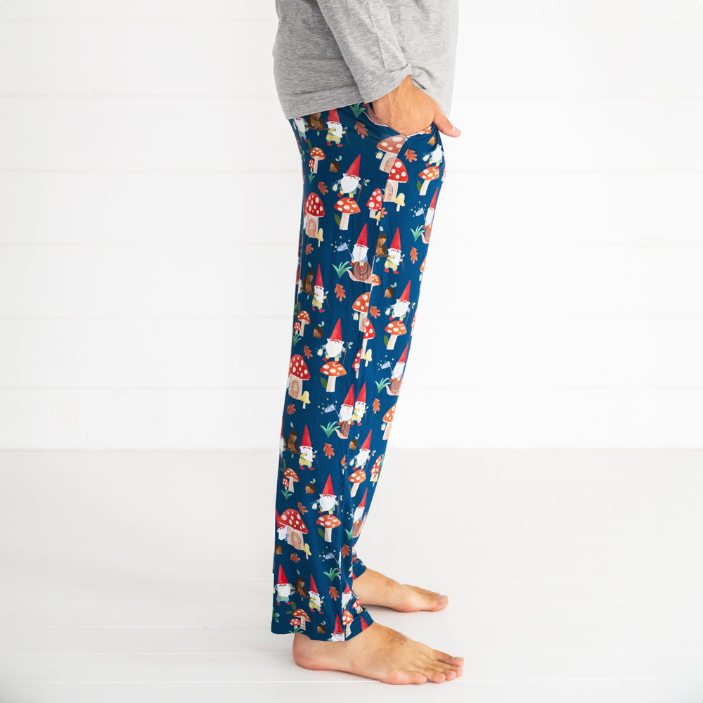 Close up side view image of the Forest Gnomes Men's Pajama Pant, detailing the pockets