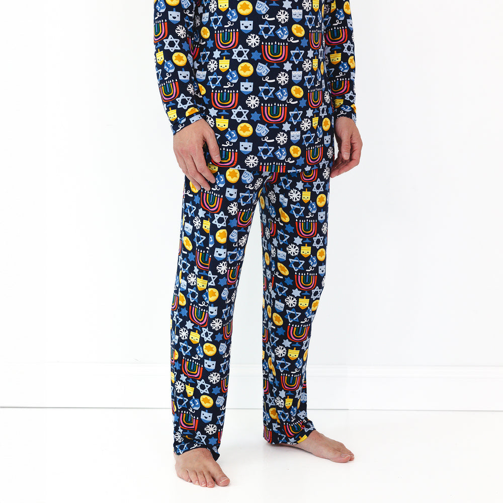 Alternate close up image of a man wearing Playful Dreidels Men's Pajama Pants and Top