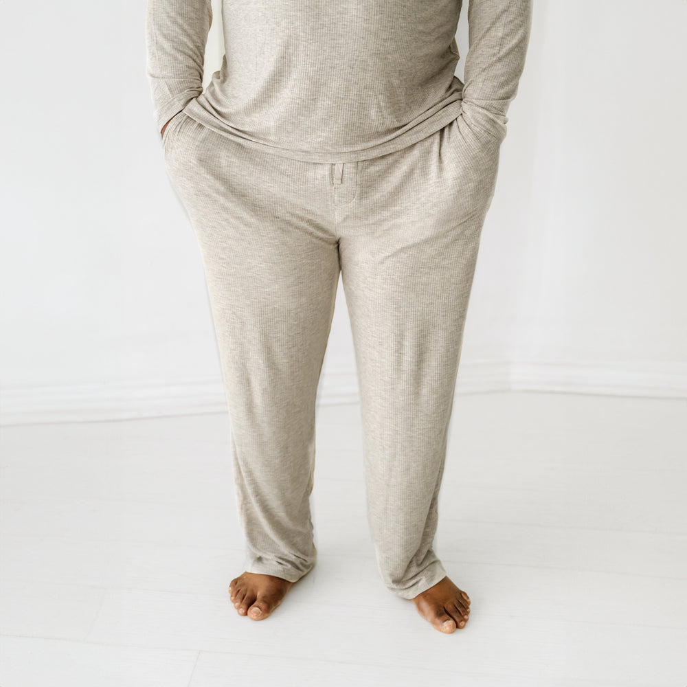 Click to see full screen - Close up image of a man wearing Heather Stone Ribbed men's pj pants