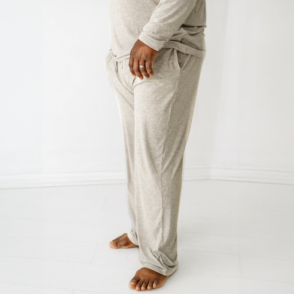 Close up profile image of a man wearing Heather Stone Ribbed men's pj pants