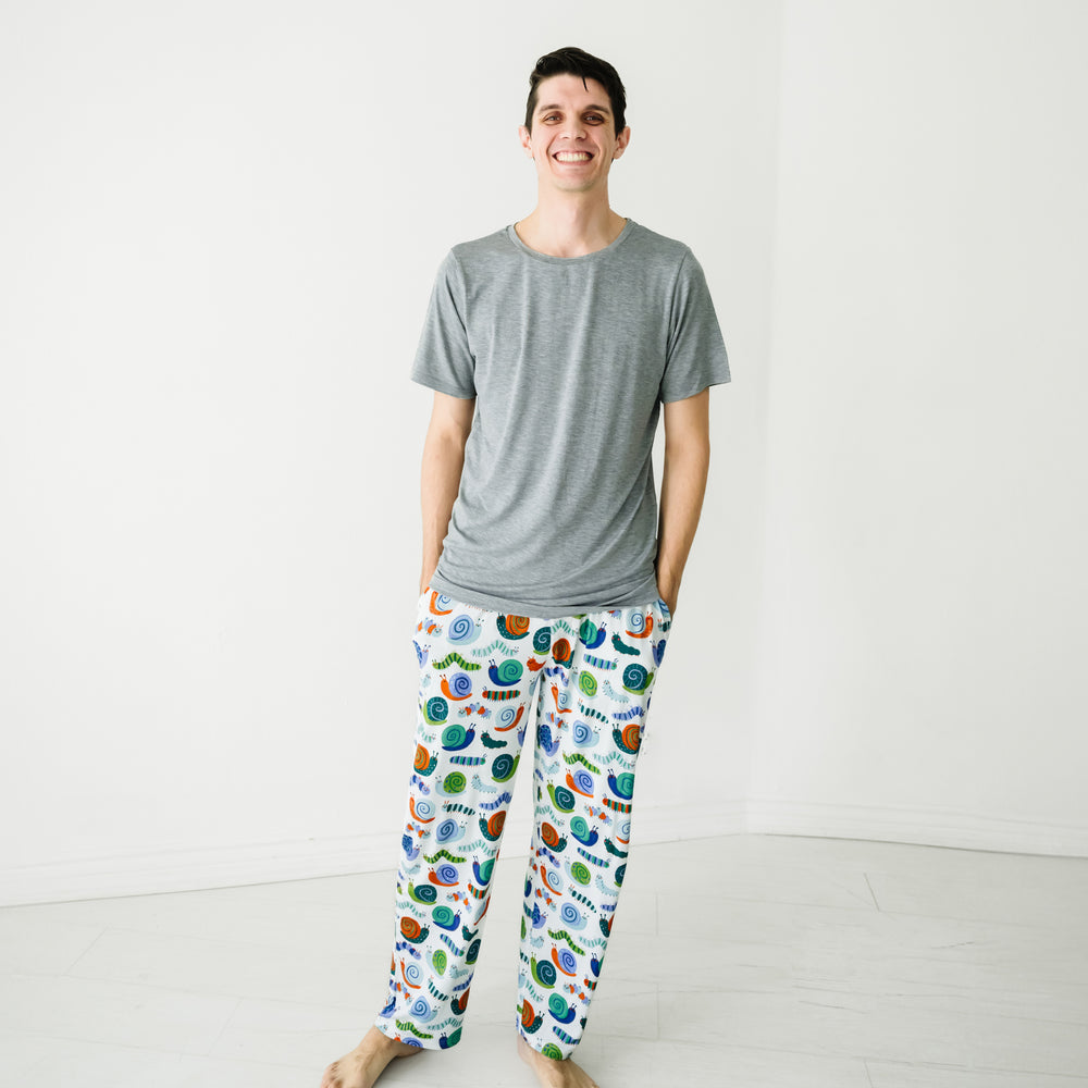 Man wearing Inchin' Along men's pajama pants and coordinating pajama top